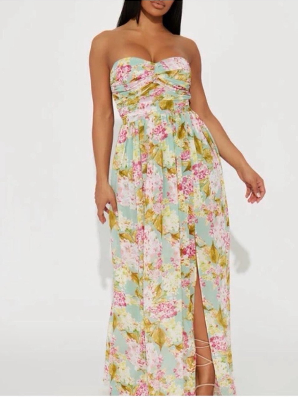 Fashion Nova Strapless Floral Maxi Dress in Mint, Pink and Gold